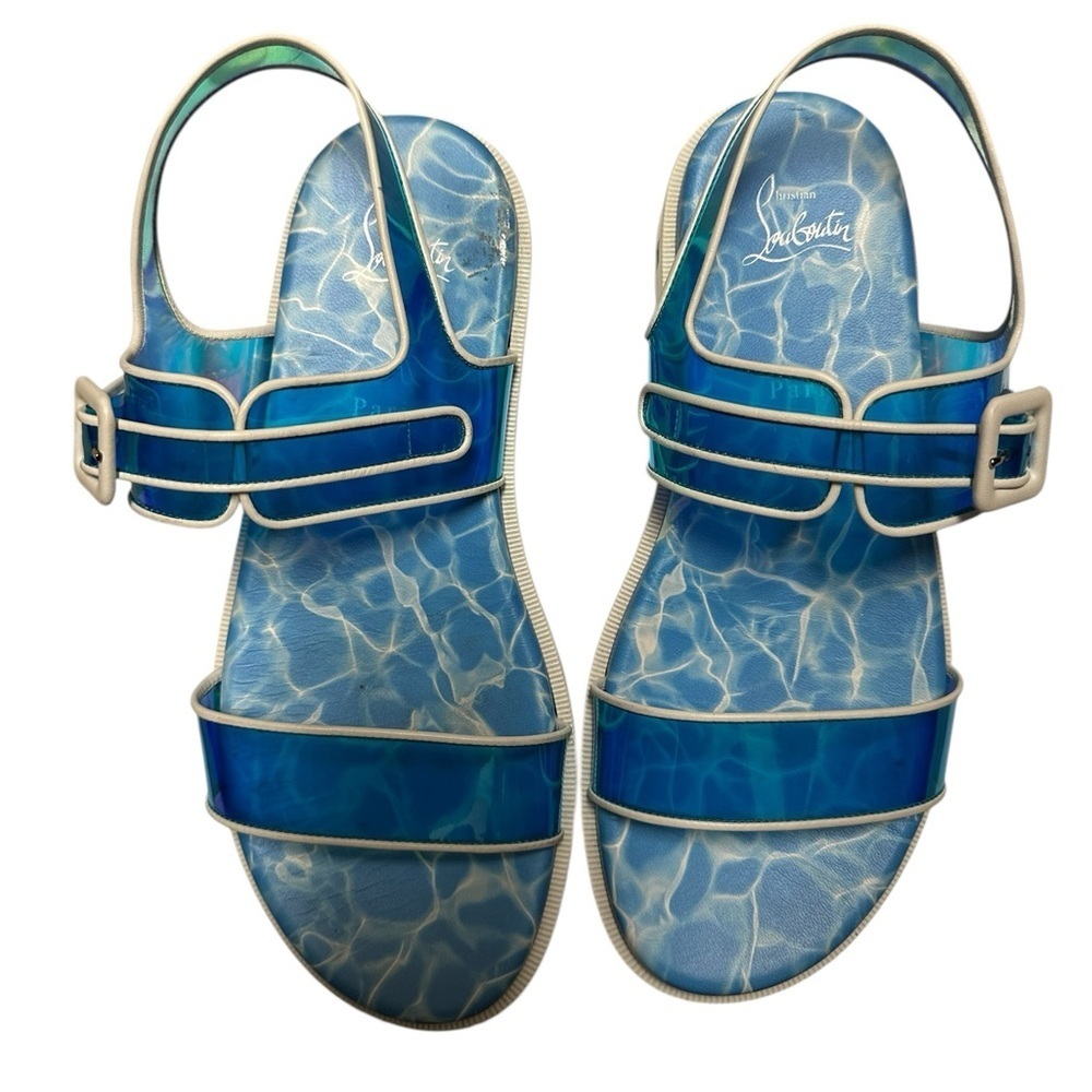 Christian Louboutin Nappa PVC Duniss Cool Flat Sandals Blanco/Blue Sz 39 - Picture 15 of 16